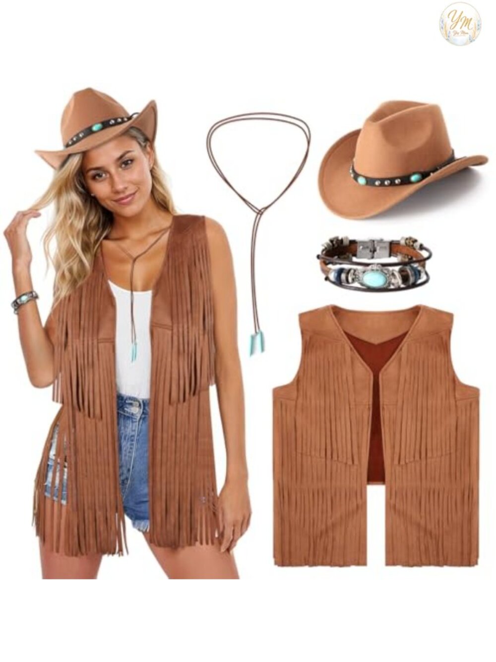 4PC Western Cowgirl Costume Set Fringe Vest Hat Turquoise Jewelry